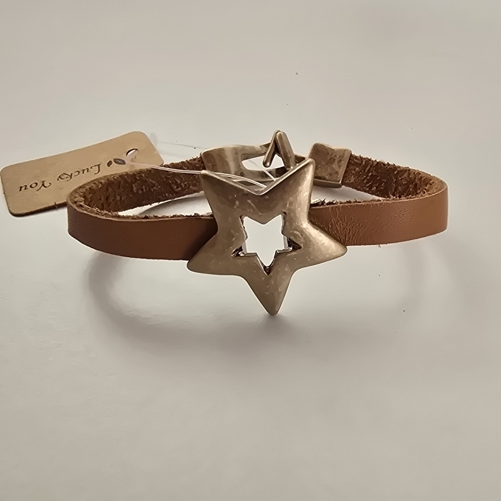 NWT Bohemian Antique Golden Star Brown Faux Leather Bracelet